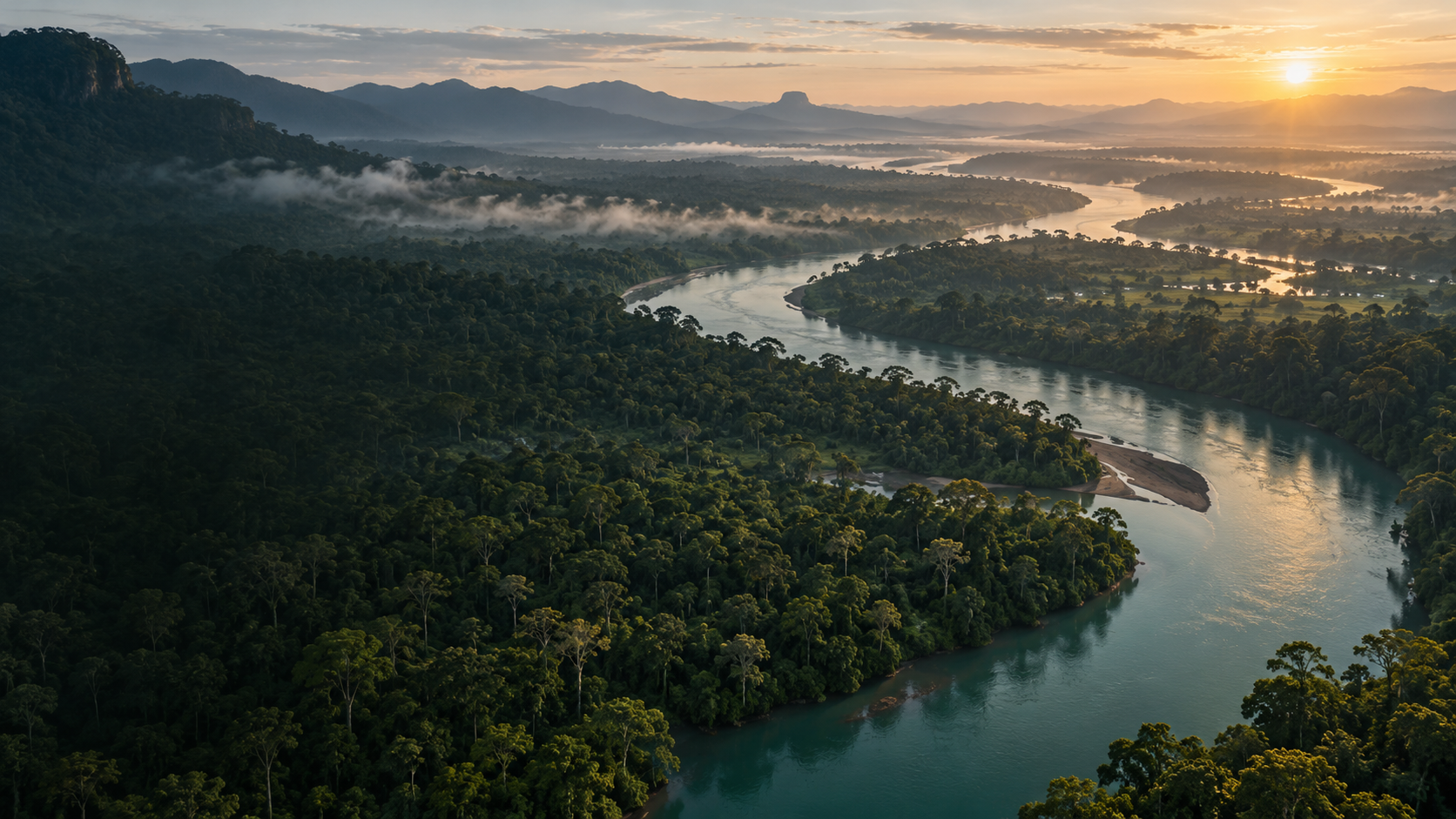 A tropical forest and river at sunrise